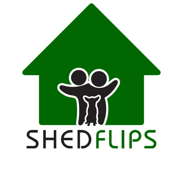 SHED FLIPS logo: green shed with people and dog